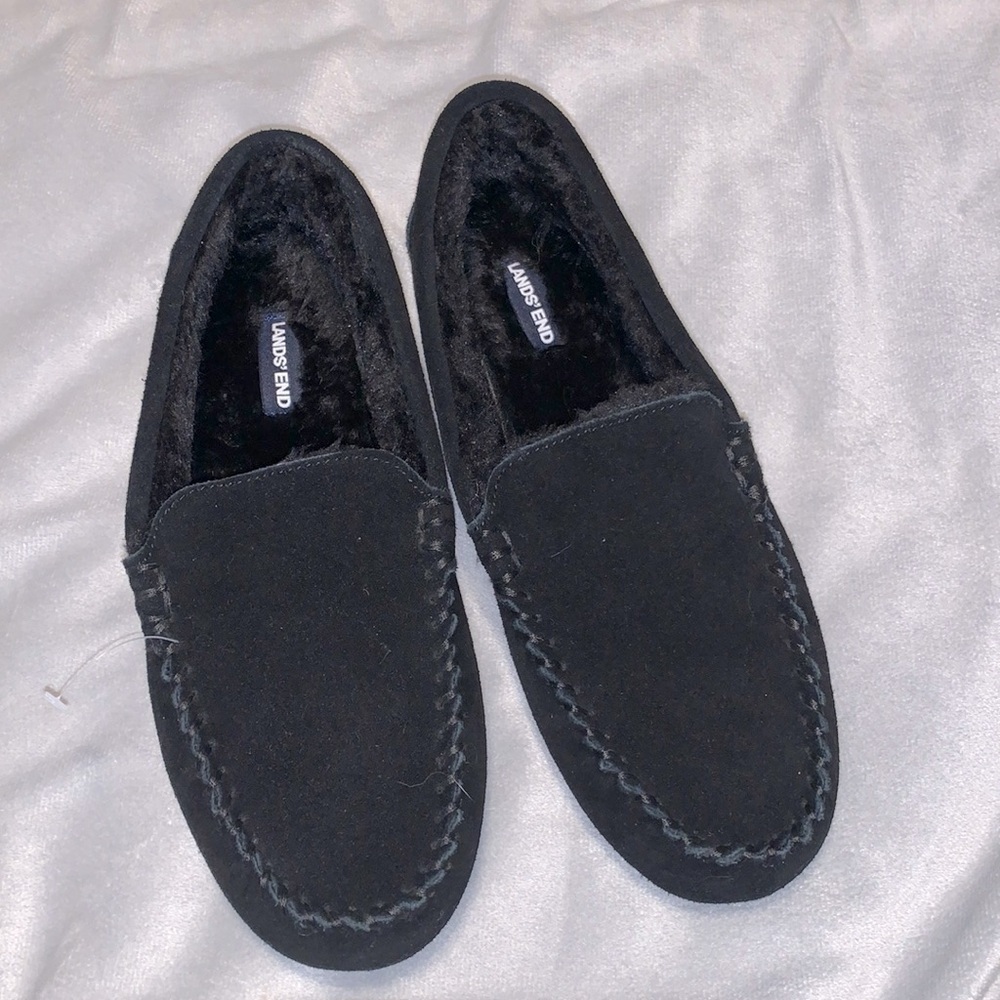 Lands end slippers suede black moccasins size 9B faux fur interior lining NWOT